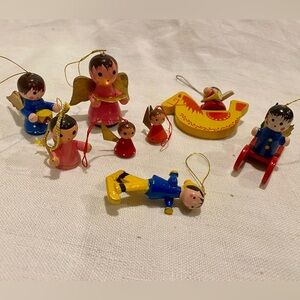 Vintage wooden mini Christmas ornaments 8 items mostly angels bright colors